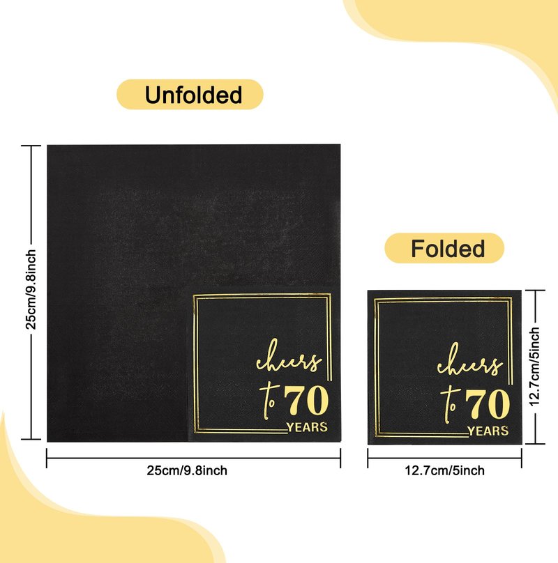 Ottin Black Cheers to 70 Years Cocktail Napkins, 5x5 Inches, 50 Counts, 3-Ply Disposable Party Napkins for 70th Birthdays Decorations, Anniversaries, Weddings, Indoor & Outdoor Celebrations, Gold Foil