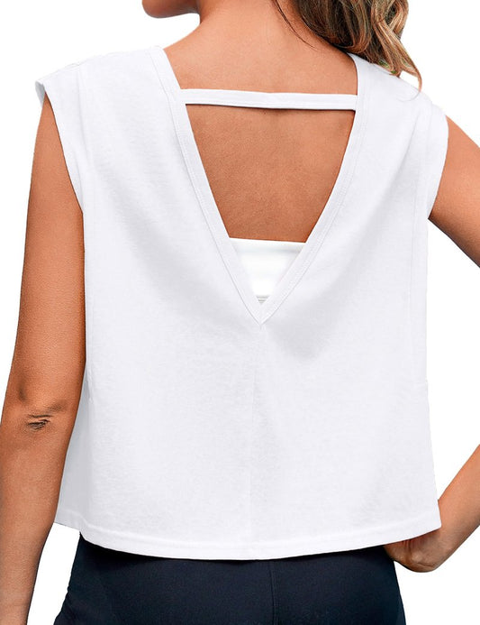 Quenteen Women Cropped Open Back Sleeveless Tank Tops Casual Yoga Y2k Athletic Gym Loose Fit Shirts White M