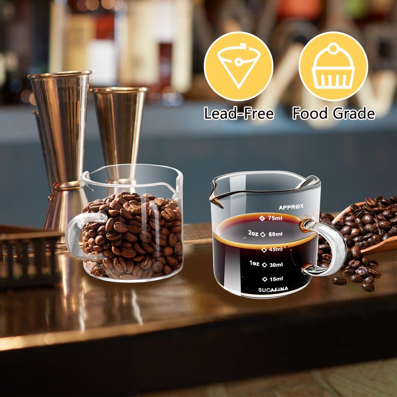 HCengTriz Espresso Cups 4-Piece set, 4 OZ Double Spout Cup with Handle, Espresso Shot Glass with V-Shaped Spout for Espresso Machine, Milk Cup (Espresso Cup Graduated)