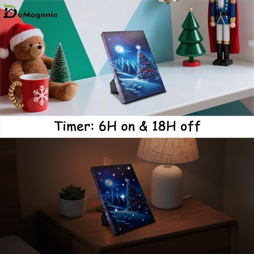 DEMAGNNIE Fiber Optic Christmas Tree Canvas Art - LED Winter Scene Print for Tabletop or Wall Decor, 8"x6" Framed