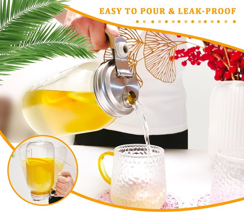 Glass Pitcher With Lid,304 Stainless Steel Lid,2 Seal Ring,64 oz(2 Quart/1.8 Liter),Mason Jar Cold Brew Water Iced Tea Brewing Breast Milk Pitcher,Sun Tea Glass Jar For Outside,Pitchers For Drinks