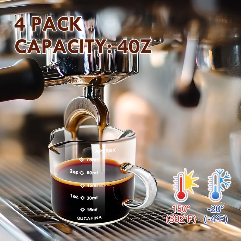 HCengTriz Espresso Cups 4-Piece set, 4 OZ Double Spout Cup with Handle, Espresso Shot Glass with V-Shaped Spout for Espresso Machine, Milk Cup (Espresso Cup Graduated)
