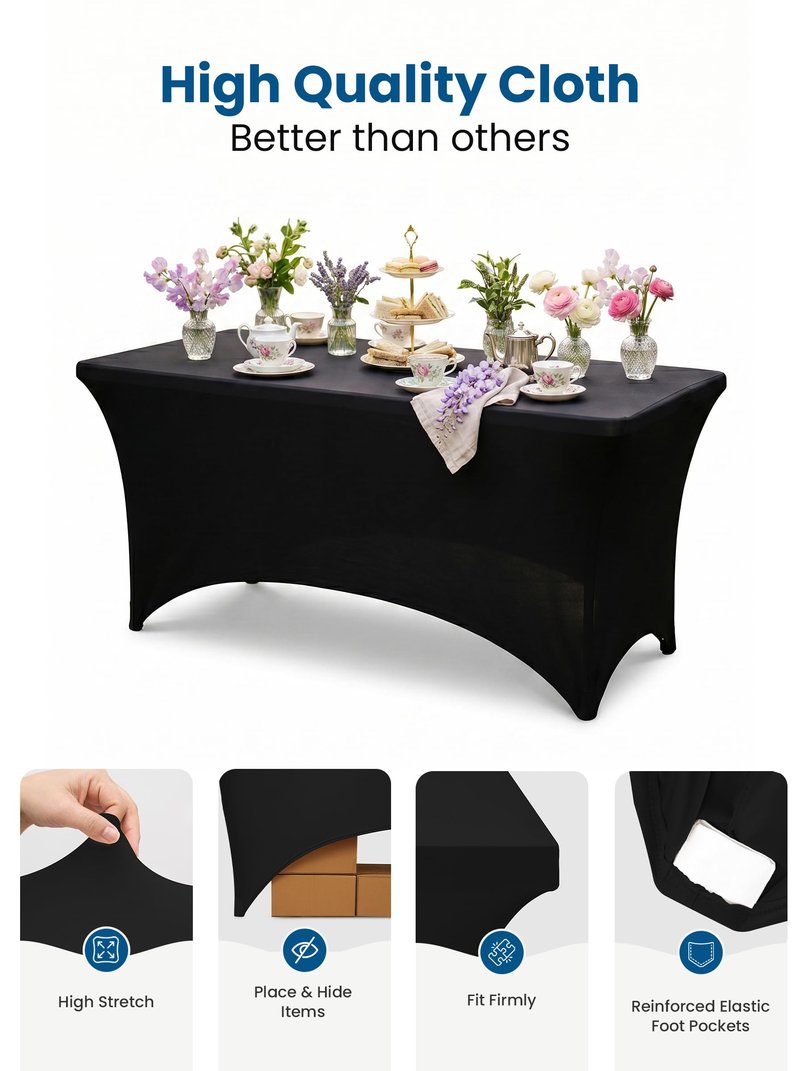 Utopia Kitchen Spandex Tablecloth 2 Pack [8FT, Black] Tight, Fitted, Washable and Wrinkle Resistant Stretch Table Cloth Rectangle Cover for Trade Show, Weddings & Parties [96Lx30Wx30H Inch]