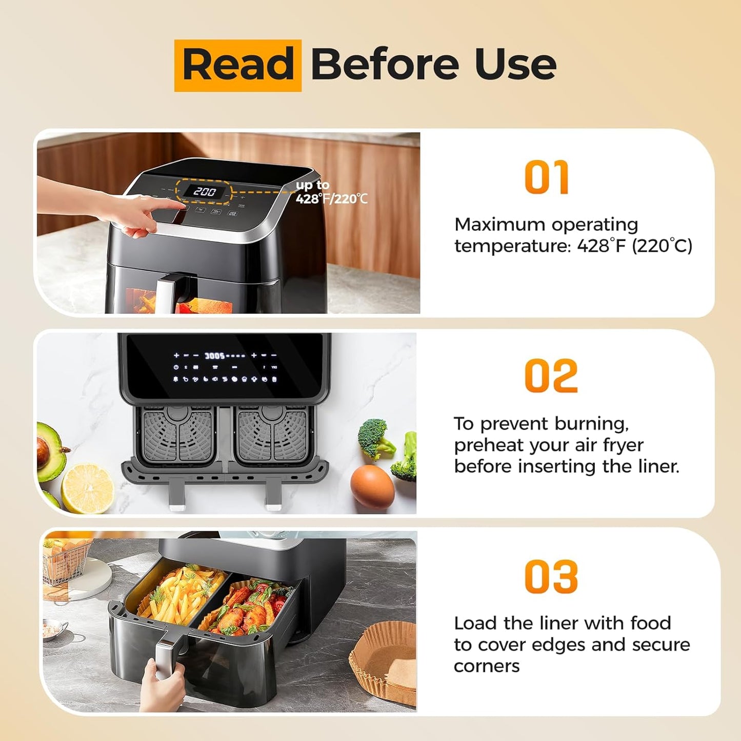 Vailnd Air Fryer Liners - Disposable Parchment Paper for Dual Baskets | 200 Pcs, Oil Proof (8.6x5.5 Inch)