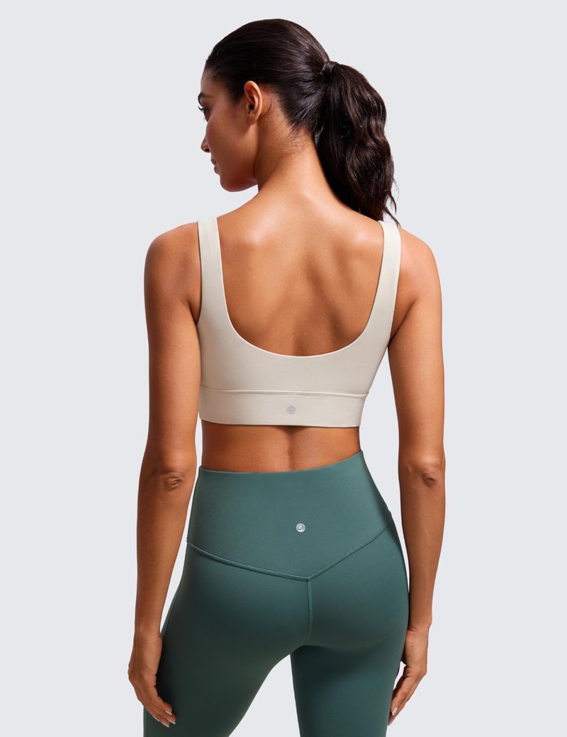 CRZ YOGA Butterluxe U Back Longline Sports Bras for Women - Scoop Neck Padded Yoga Workout Crop Top with Built in Pads Mojave Tan Medium