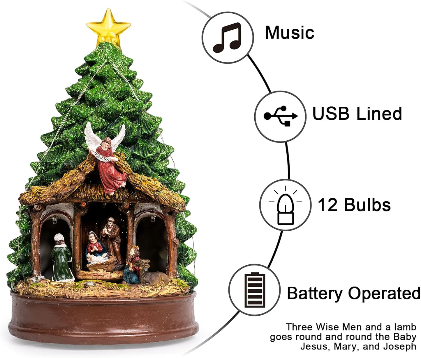 Regine Switzerland Christmas Tree Nativity Scene - Animated Adoration of The Magi with LED Lights & Music | Festive Home Decor