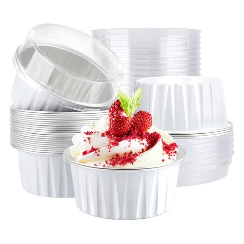EUSOAR Ramekin Baking Cups, 30pcs 5oz Aluminum Foil Muffin Liners Cupcake Baking Cup with Lids, Mini Pie Pans with Lids, Disposable Foil Baking Cups Containers for Creme Brulee or Cupcake-White