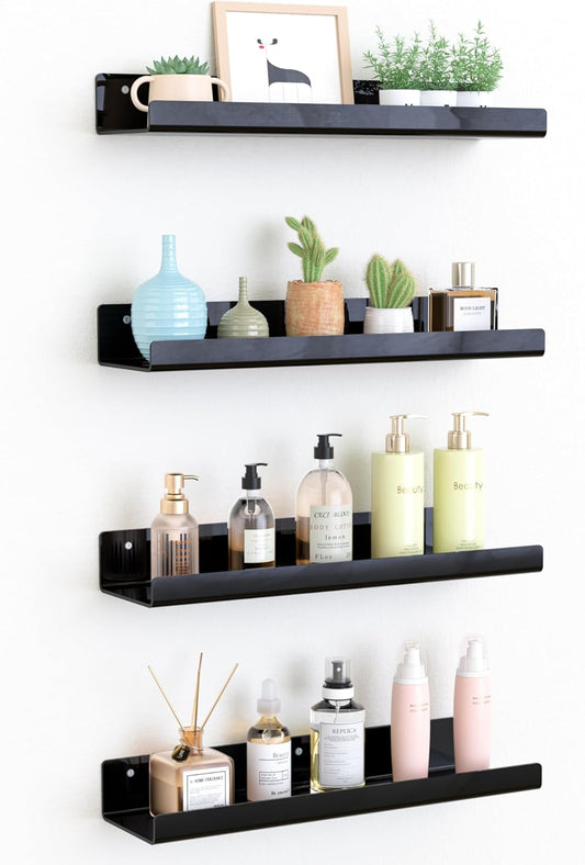 Upsimples Acrylic Wall Shelves - 15" Floating Display Shelf Set for Perfume & Books | Black, 4 Pack