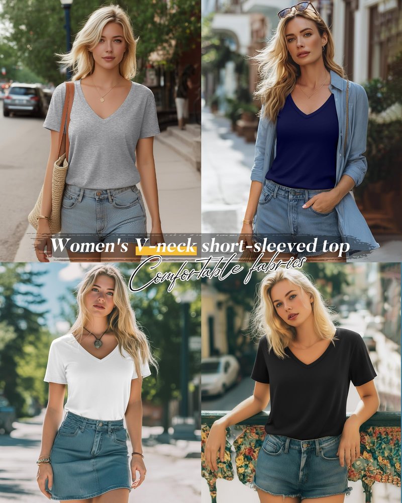 Neer 4 Pack Women's V Neck T-Shirts Short Sleeve Summer Casual Tops Loose Fit Flat Hem Plain Basic Tees(Black, Navy Blue, Light Gray, White,X-Large)