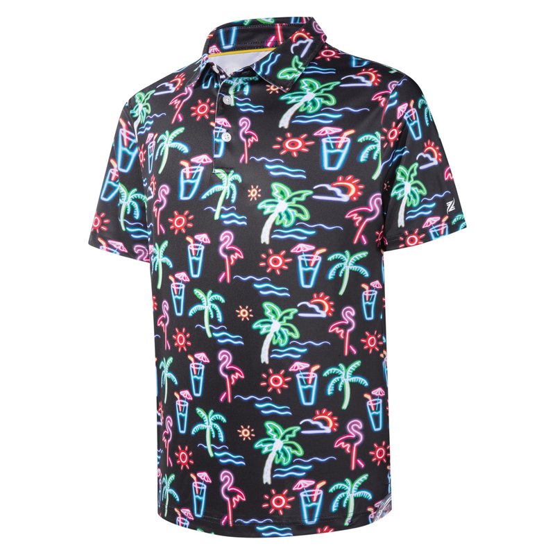 Men's Polo Shirt Short Sleeve Golf Shirt for Men Dry Fit Neon Flamingo Palm Print Casual Collared Mens Golf Polo Shirts Short Sleeve Golfing Polo for Men, 3X-Large