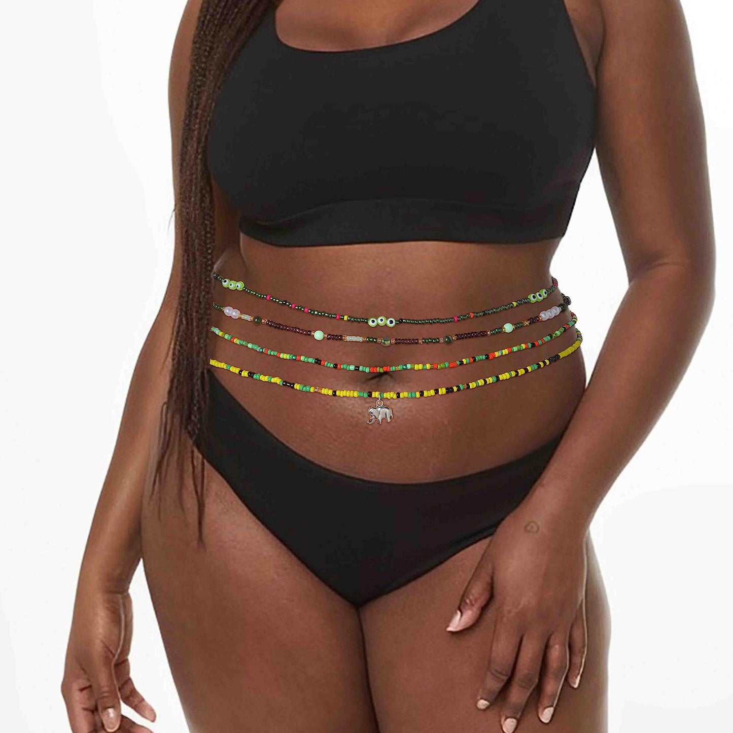 ELABEST 24-39inch African Waist Beads for Women 8Pcs Elastic Belly Beads Colorful Beaded Waist Jewelry Accessories Body Chain (Green, 39.3inch/100cm)