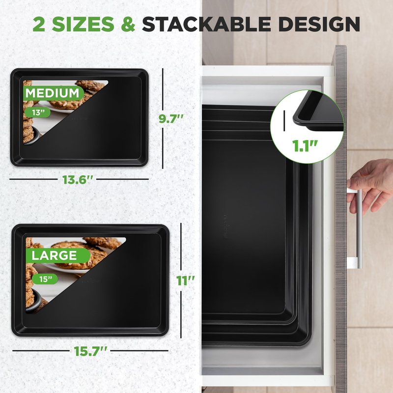 NutriChef 2-Piece Baking Sheet Non Stick - Premium Carbon Steel Cookie Sheets for Baking - Large and Medium Baking Trays for Oven - Black