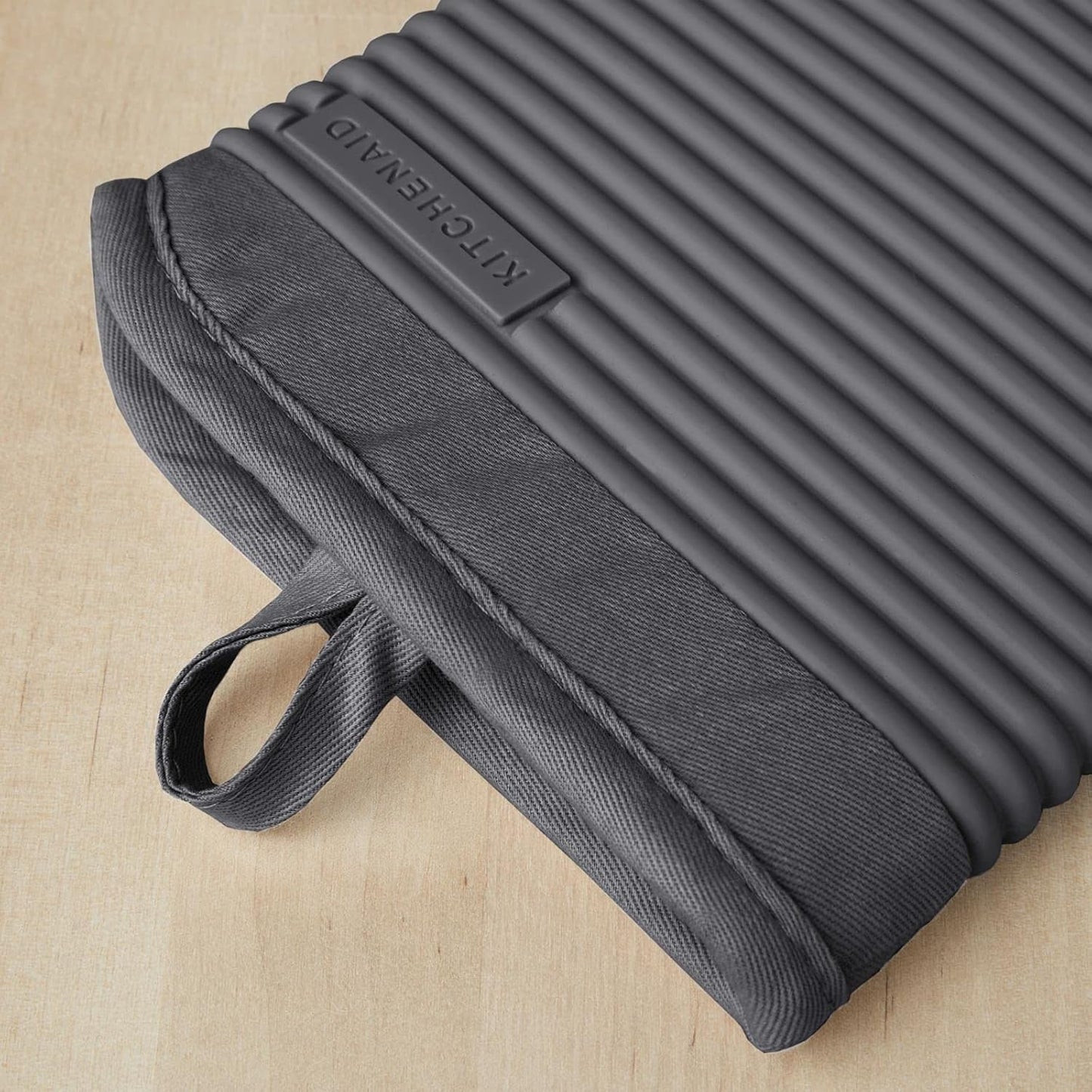 KitchenAid Ribbed Soft Silicone Oven Mitts - 2-Pack Set, 7.5"x13", Charcoal Grey for Heat Protection