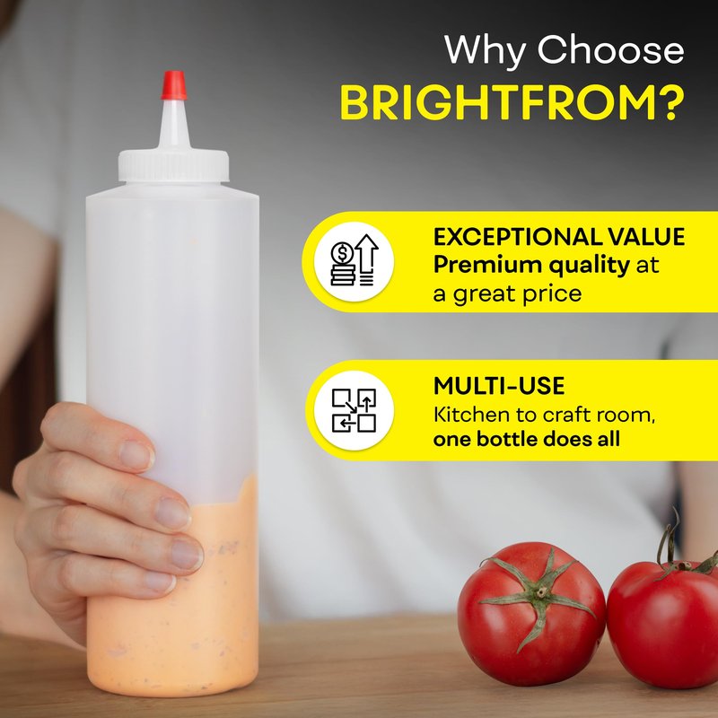 BRIGHTFROM Squeeze Bottles, Leak Proof, Wide Neck, BPA FREE Plastic, 16 OZ 2 PACK, Condiment Empty Squirt Bottle with Red Top Cap - for Ketchup, Mustard, Syrup, Sauces, Dressing, Oil, Arts & Crafts