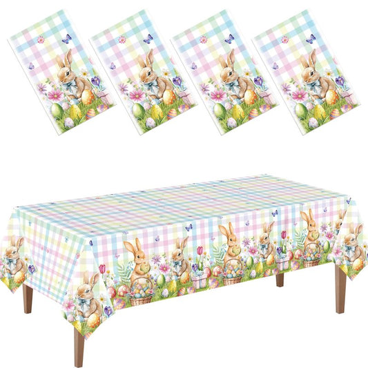 CUUSNNY 4 Pcs Easter Bunny Tablecloths,54x108 Inch Buffalo Plaid Plastic Table Cover with Flowers and Colorful Eggs,Rectangle Disposable Tablecloth for Dining Home Easter Party Decor Supplies