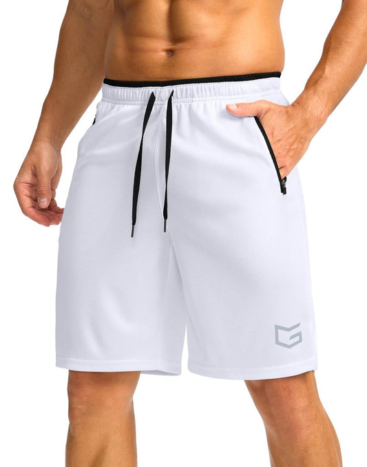 G Gradual Men's Gym Shorts with Zipper Pockets 9" Athletic Basketball Mesh Shorts for Men Workout Quick Dry Lightweight(White,L)