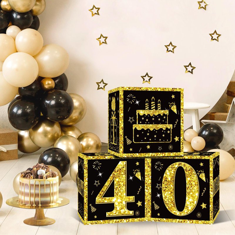 Eiurteao 3pcs 40th Birthday Decorations Boxes for Men Women, Black Gold Happy 40 Birthday Balloons Boxes Party Supplies, 40 Year Old Bday Theme Cardboard Box Decor