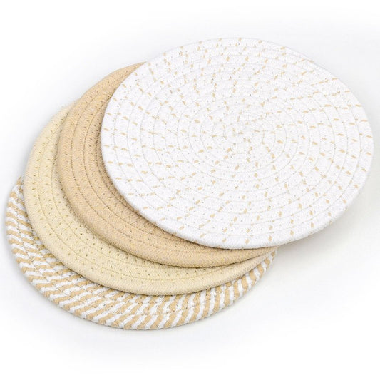 SHACOS 8 Inches Trivets for Hot Dishes, Pot Holders for Hot Pots and Pans, Handmade Cotton Woven Trivets Set, Heat-Resistant Hot Pads Plate Mats for Kitchen Countertops, Table Decor (Khaki, 4pcs)