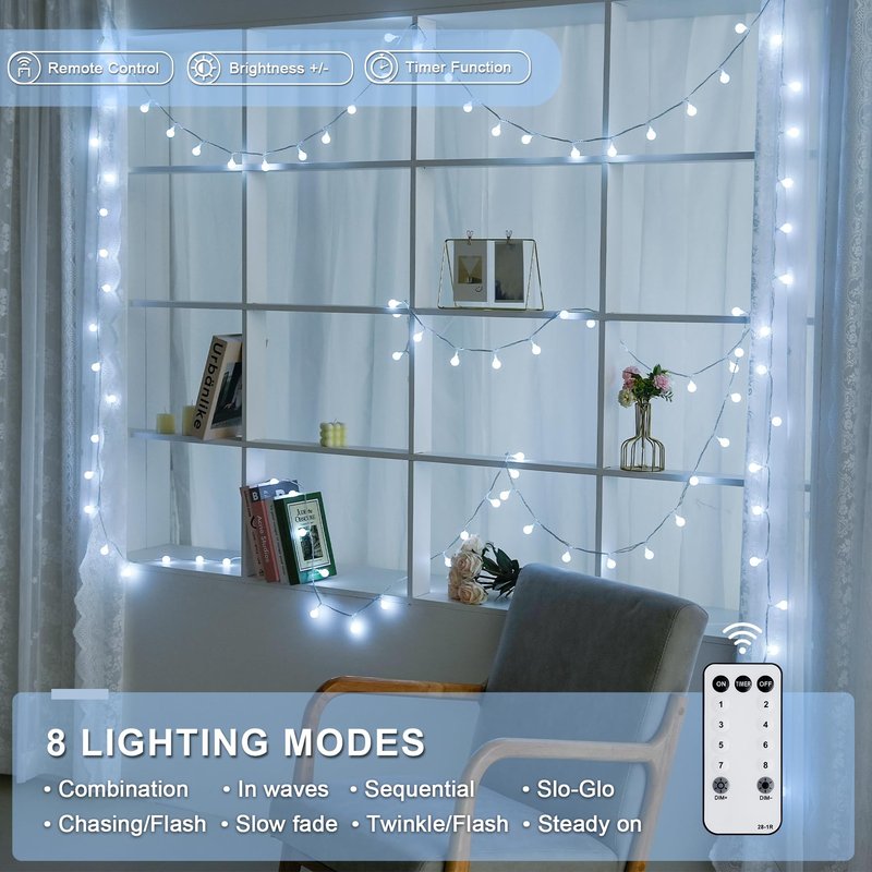 JMEXSUSS 100ft Globe String Lights Indoor Outdoor Waterproof, 200 LED White Christmas Fairy Lights Plug in with Remote, Connectable Hanging Lights for Bedroom Patio Holiday Tree Party Christmas Decor