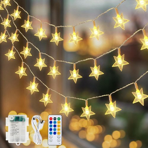 HEYFUNi Star String Lights - 50 LED Fairy Lights with Remote | 16ft USB & Battery Operated, Waterproof Decor for Kids' Bedroom & Nursery