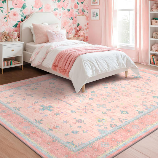Oushak Pink Area Rug - 5x7 Washable Floral Vintage Design for Bedroom, Nursery & Playroom Decor