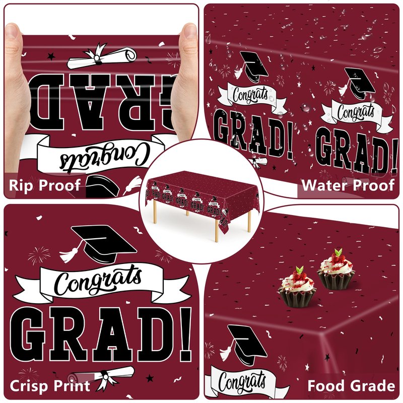 QZYL 2 PCS Graduation Decorations 2026, 108" X 54" Maroon Graduation Table Cloths, Rectangle Table Cloths for Class of 2026 Congrats Grad, Disposable Plastic Tablecover for Grad Decor Party Supplies