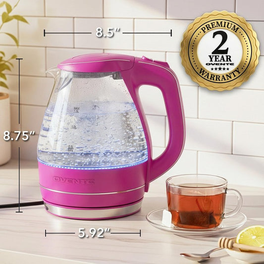 OVENTE Electric Kettle, 1.5L Borosilicate Glass Countertop Water Heater and Boiler for Coffee or Tea, BPA-Free, Auto Shut-Off, Boil-Dry Protection, Removable and Washable Spout Filter, Pink KG83F