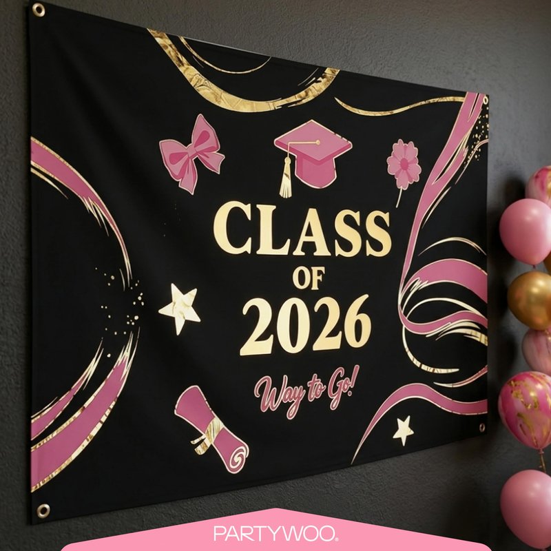 PartyWoo Graduation Decorations Class of 2026 Black Pink Gold 40pcs Grad Party Supplies with Congrats Grad Black Backdrop Banner Hanging Swirls Foil Latex Balloons Graduation Cap Centerpieces Party