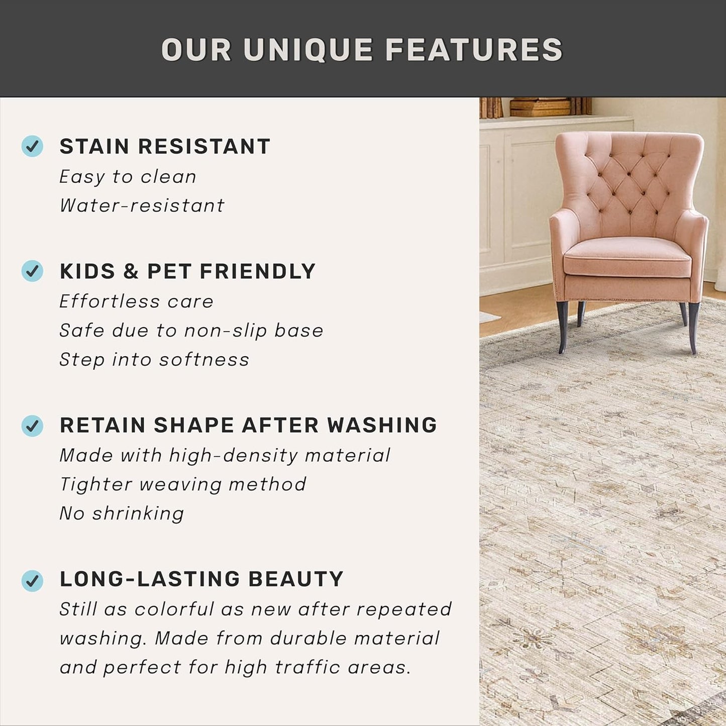 Skiennix Washable Ivory 5x7 Area Rug - Non-Slip Low Pile Carpet for Bedroom & Home Office