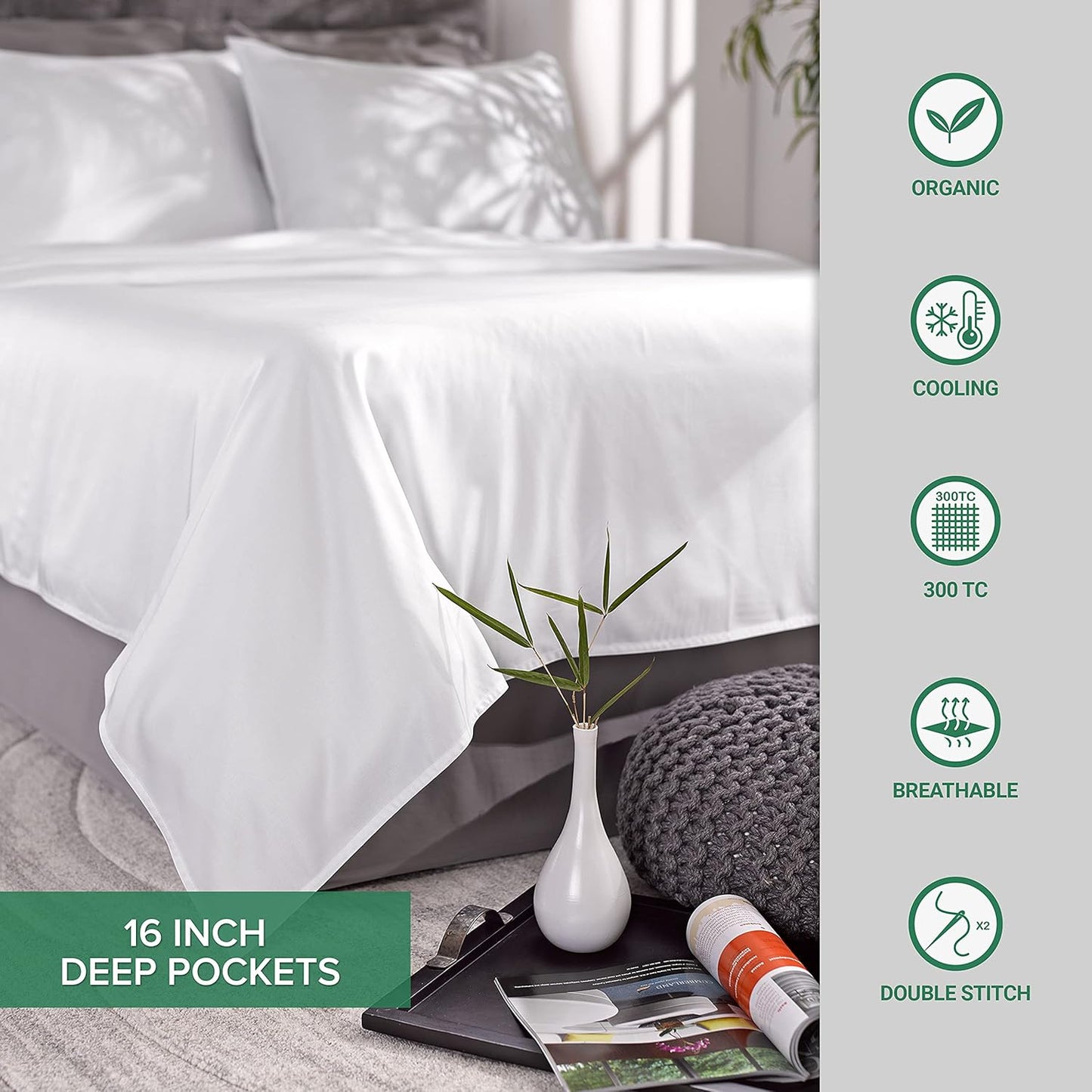 Pure Bamboo Split King Sheets - 100% Organic Viscose Bed Sheet Set, Soft & Cooling, Glacier Color