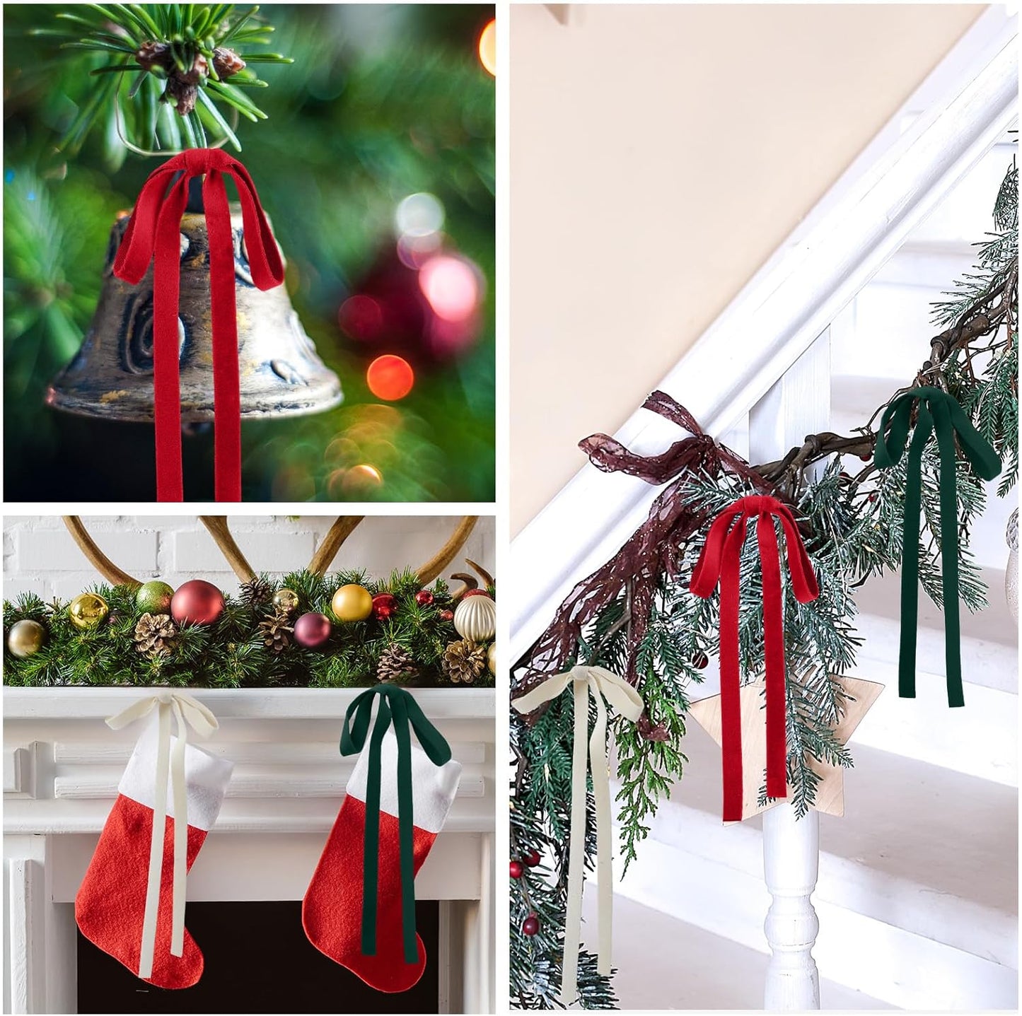 Skiennix Velvet Bows - Vintage Double-Faced Christmas Tree Ornaments | 24 Pcs, 5x7 Inch, Red/Green/White