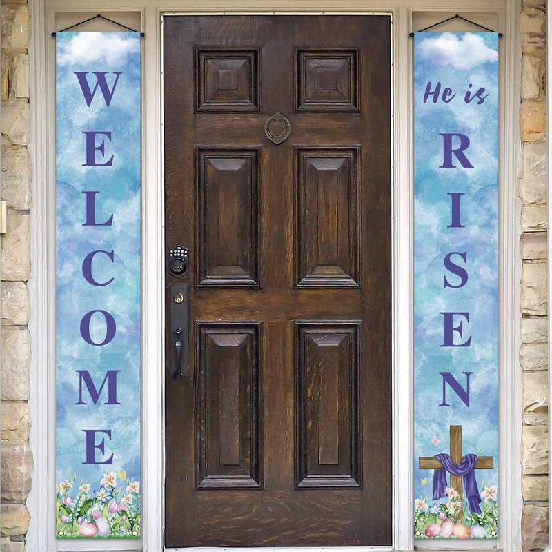 Pudodo He is Risen Porch Banner Easter Christian Cross Resurrection Religious Holiday Front Door Sign Wall Hanging Party Decoration