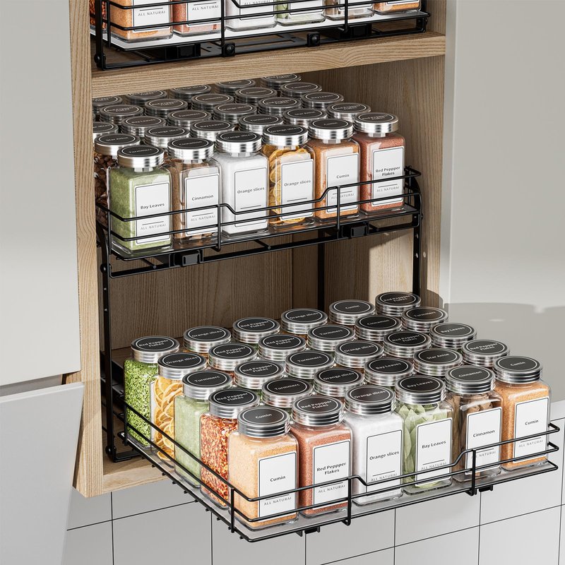 BOIVSHI 2-Tier Pull Out Spice Rack, Spice Rack Organizer, Pull Out Spice Racks for Inside Cabinets, Height Adjustable Heavy Duty Metal Basket for Inside Cabinet & Pantry (13.5''Wx10.5''Dx9.5''H)