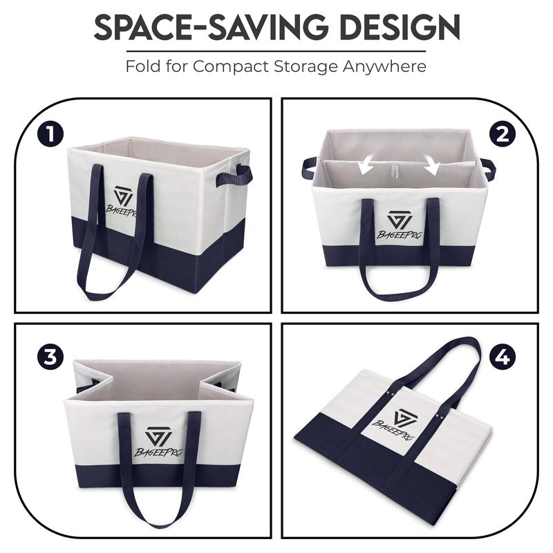 BageePro 2Pack Collapsible Tote Bags | Reusable Grocery Bag | Foldable Heavy Duty Shopping Bags with Handles for Food, Storage, and Groceries | Large Utility Tote Organizer | Navy Blue