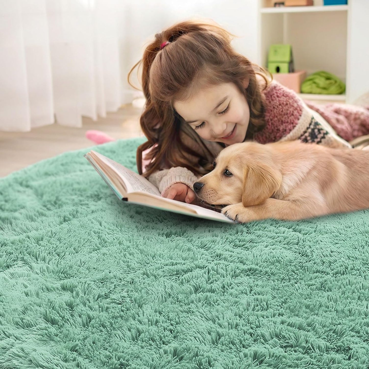 OLANLY Mint Green Round Rug - Soft, Fluffy Shaggy Carpet | 2 ft Machine Washable Area Rug for Bedroom & Nursery Decor