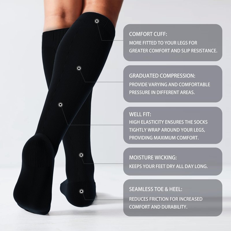 LEVSOX Extra Thick Cotton Compression Socks for Women&Men 20-30 mmHg Knee High Graduated Support Sock for Nurses, Pregnant Women, Travel and Flight, 2 Pairs, Black