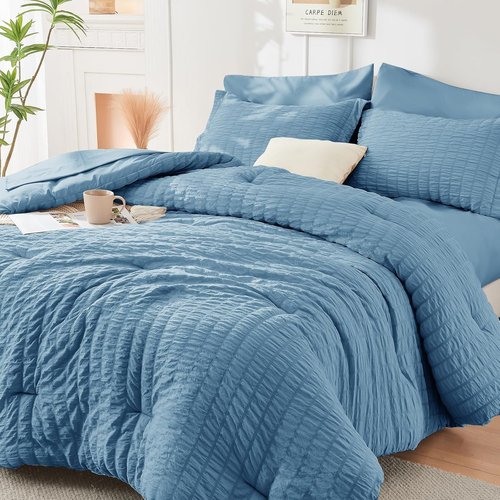 HYMOKEGE Queen Comforter Set - 7-Piece Mineral Blue Seersucker Luxury Bedding | All-Season Bed in a Bag