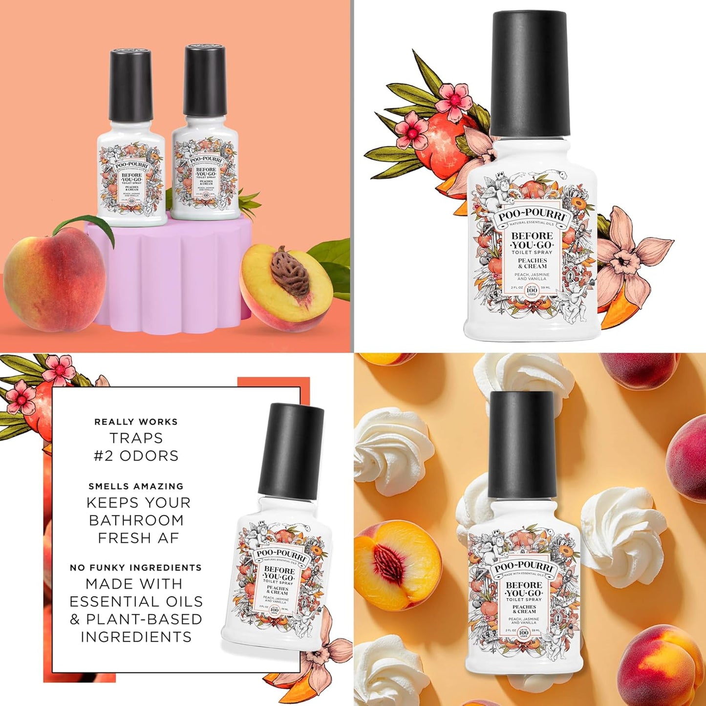Poo-Pourri Toilet Spray Variety Pack - Spring Scents: Berry & Bright, Peaches & Cream, 2 Oz