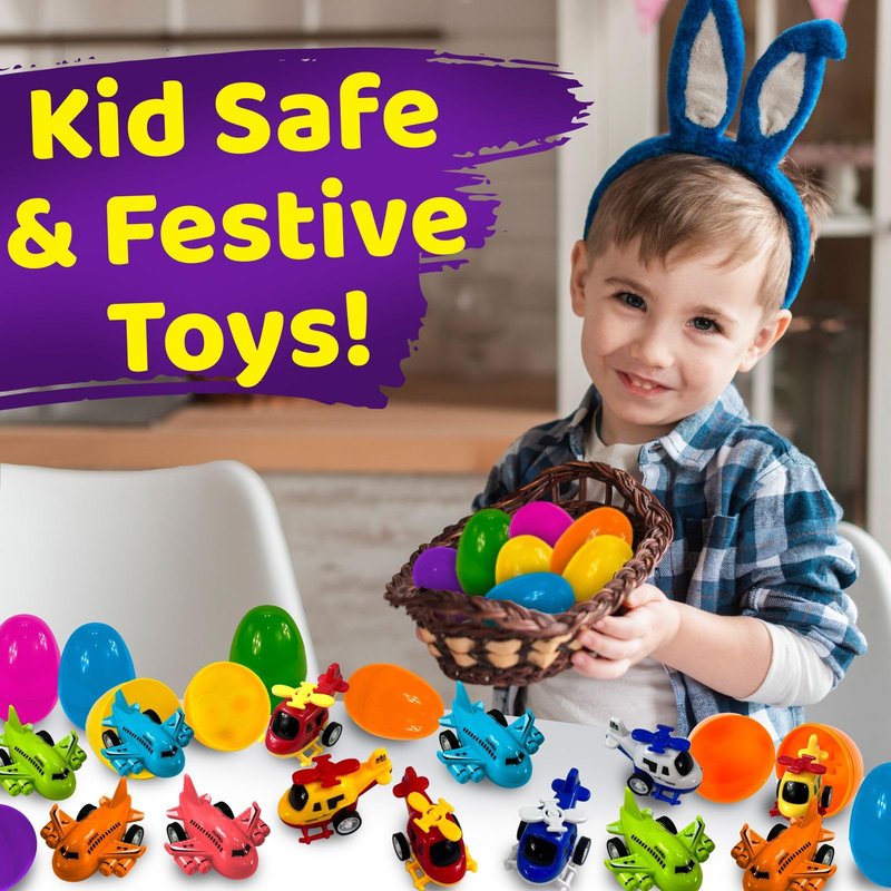 stargo 16 Pack Colorful Prefilled Easter Eggs bulk with toys - mini Aircraft, pull-back Helicopters & Airplanes. Plastic Easter Eggs Filled, Basket Fillers Egg Hunts, Party Favors, Boys Goodie Bags