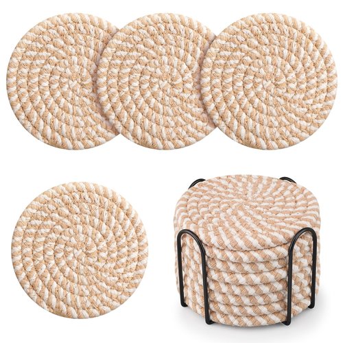 Cotton Woven Coasters with Holder - Absorbent Coasters Set of 8 for Table Protection, Home Decor, Glasses, Cups, Bar, Housewarming Gift