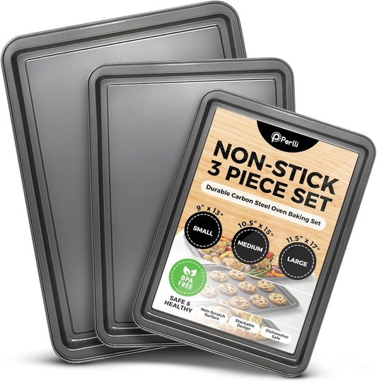 PERLLI Non-Stick Baking Pan Set - 3-Piece Carbon Steel with Even Heat Distribution | Oven Safe to 446°F, BPA-Free, Dishwasher Safe, Stackable - Gray