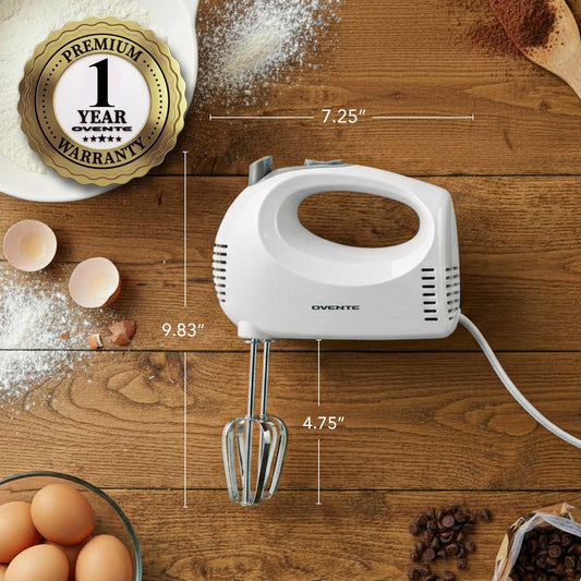 OVENTE 5-Speed Corded Electric Hand Mixer with Stainless Steel Whisks, Compact Portable Design with Snap-On Storage Case,150W Lightweight Handheld Mixer for Baking & Cooking, White HM151W