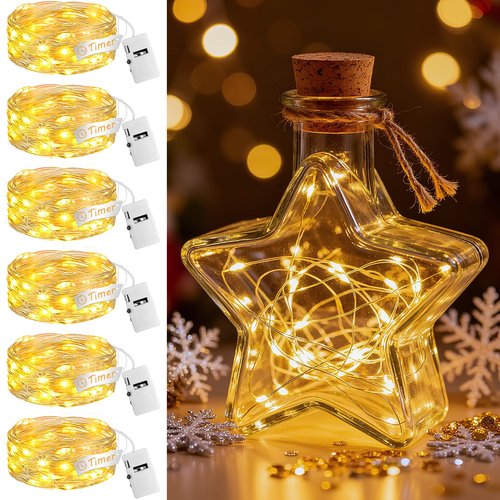 Fairdeer 6Pack Fairy Lights with Timer, 7ft 20 LED Twinkle Light Battery Operated 3 Modes, Mini String Lights for Christmas Trees Wreath Party DIY Mason Jars Bottles Decor, Warm White
