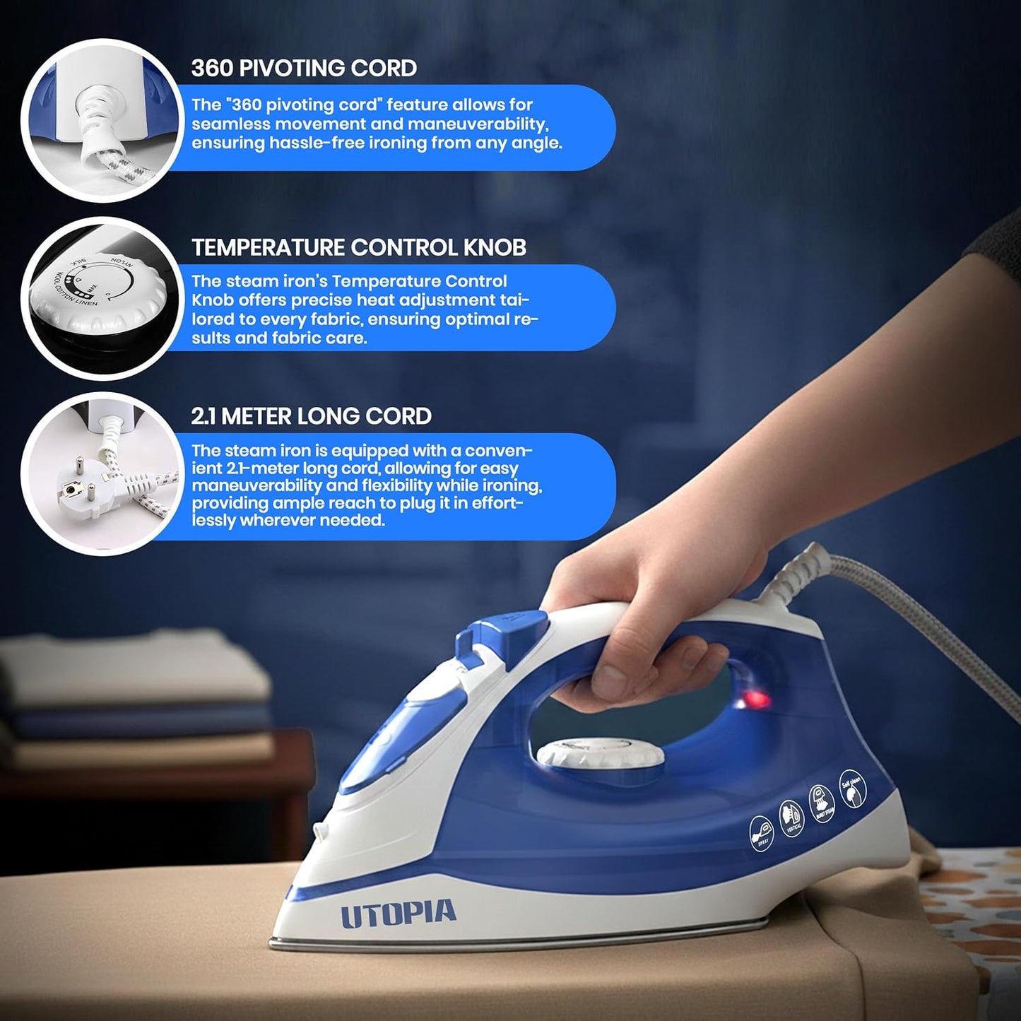 Utopia Home Steam Iron - 1200W Non-Stick Soleplate Clothes Iron | 2.3m Cord, Adjustable Thermostat, Safety Features