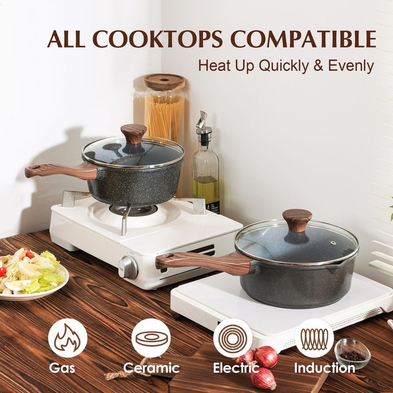 SENSARTE Saucepan Nonstick with Lid 2.5 Quarts Granite Coating Sauce Pot Medium Kitchen Cooking Pot, Induction Comptable, Free of Intentionally Added PFOA