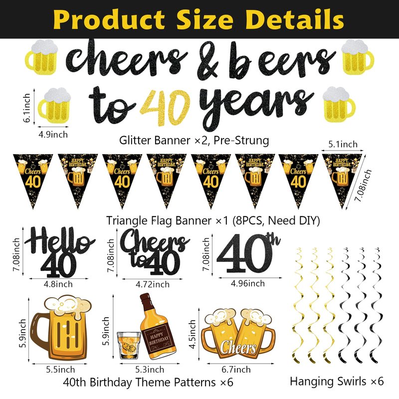 Black Gold 40th Birthday Decorations for Him Men, Glitter Pre-Strung Cheers to 40 Years Banner Hello 40 Hanging Swirls Paper Triangle Flag Banner Decorations Bday Party Supplies Kit