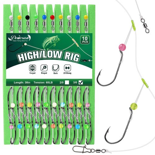 Dovesun High Low Rigs Fishing Saltwater 60lb Pre-Tied Hi/Lo Strong Unique T Knot Bottom Surf Fishing Rigs with 3/0 Hook 10PCS
