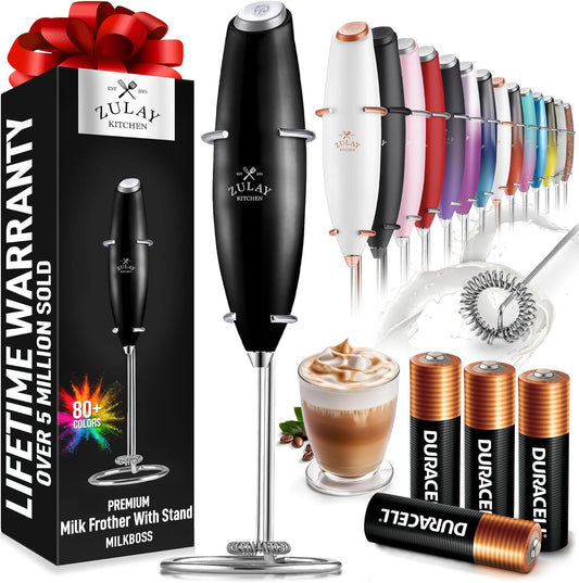 Zulay Kitchen Milk Frother Wand - Ultra-Fast Handheld Drink Mixer with 4 AA Duracell Batteries | Metallic Black