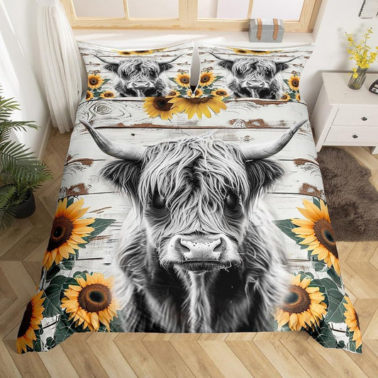 Highland Cow Bedding Set Kids Farm Highland Cattle Comforter Cover Set for Girls Women Sunflower Farmhouse Style Duvet Cover King Size Breathable Wood Grain Bedspread Cover Room Decor Quilt Cover