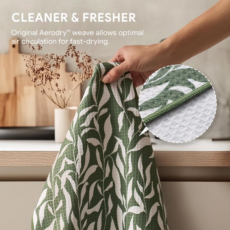 RECYCO Waffle Kitchen Towel Set of 2 - Quick Dry Microfiber Sustainable Dish Towels - Ultra Absorbent Reusable Cleaning Tea Towels - Lightweight Hand Towels,16”x 28”, Peachy Leaves